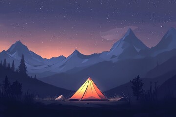Camping under a starry night sky near mountains with a glowing tent in the wilderness. Generative AI