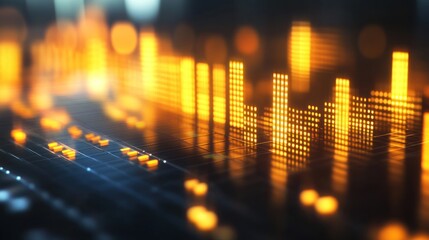 Glowing audio equalizer, city night, digital music production