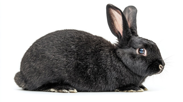 Black rabbitt (portrait, sitting, side view), animal bundle isolated on a white background as white jpg.