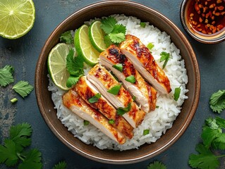 Grilled Vietnamese Chicken on White Rice Vietnamese Cuisine Food Photography Kitchen Setting Top View Culinary Delight