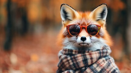 Fox wearing sunglasses and a plaid scarf in a forest during autumn foliage. Generative AI