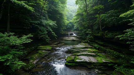 Obraz premium Lush Green Forest River Landscape with Rocks and Flowing Water
