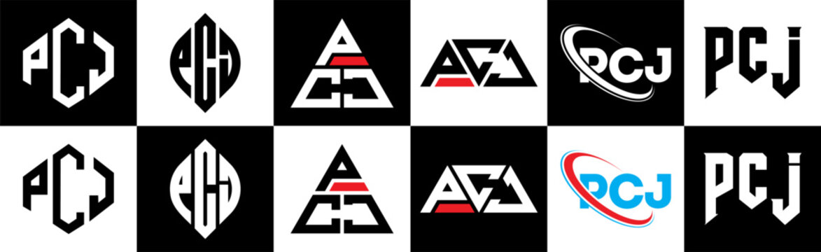 PCJ letter logo design in six style. PCJ polygon, circle, triangle, hexagon, flat and simple style with black and white color variation letter logo set in one artboard. PCJ minimalist and classic logo