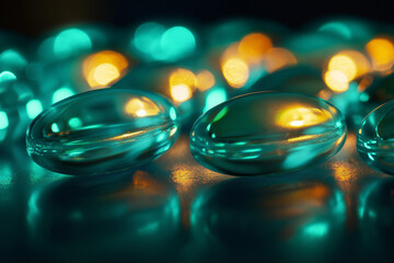 A pack of ibuprofen soft gel capsules glowing under bright pharmacy lights, focus on the translucent coating.