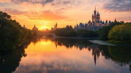 Fototapeta premium Fairytale Castle Reflected in Calm Lake at Sunset