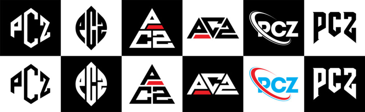 PCZ letter logo design in six style. PCZ polygon, circle, triangle, hexagon, flat and simple style with black and white color variation letter logo set in one artboard. PCZ minimalist and classic logo