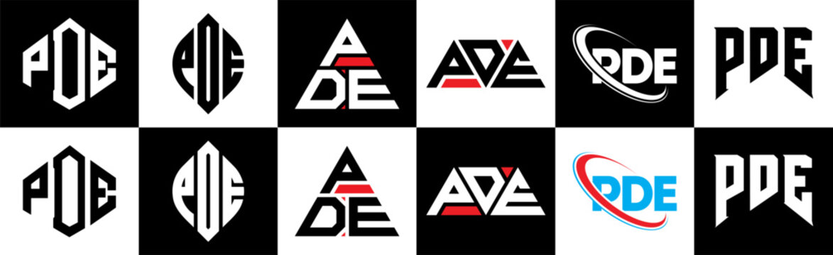 PDE letter logo design in six style. PDE polygon, circle, triangle, hexagon, flat and simple style with black and white color variation letter logo set in one artboard. PDE minimalist and classic logo