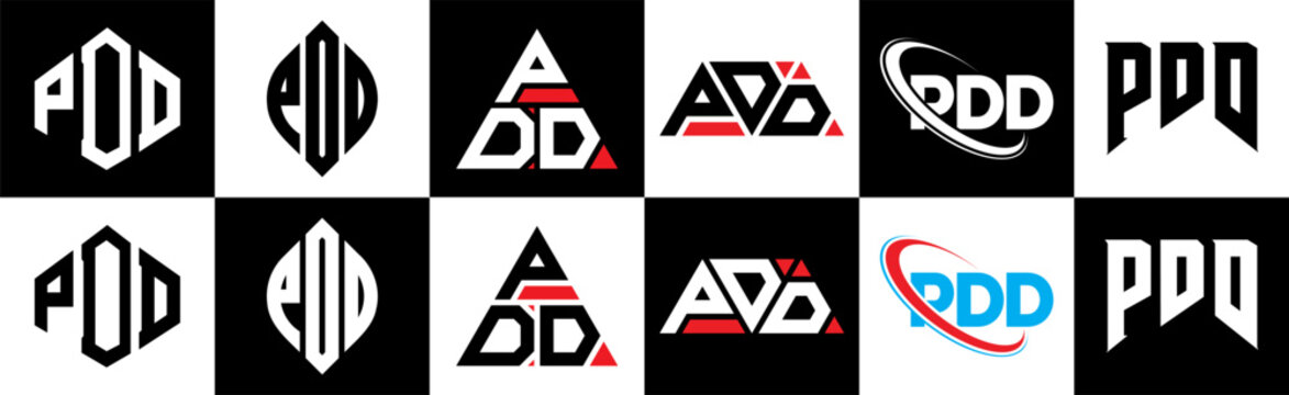 PDD letter logo design in six style. PDD polygon, circle, triangle, hexagon, flat and simple style with black and white color variation letter logo set in one artboard. PDD minimalist and classic logo