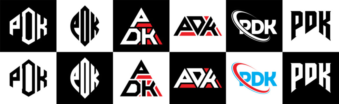 PDK letter logo design in six style. PDK polygon, circle, triangle, hexagon, flat and simple style with black and white color variation letter logo set in one artboard. PDK minimalist and classic logo