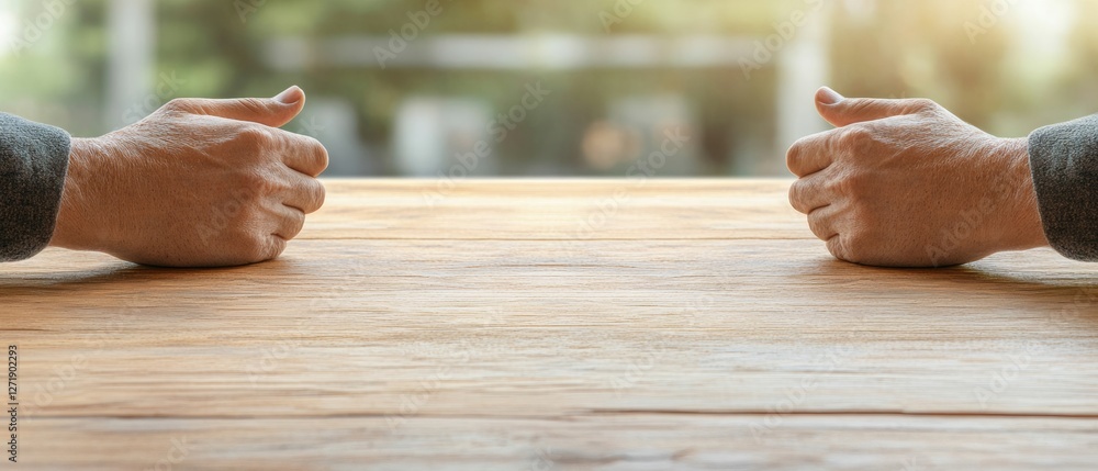 Fototapete contemporary collaborative workspace wooden surface with gesturing hands in natural light - modern b