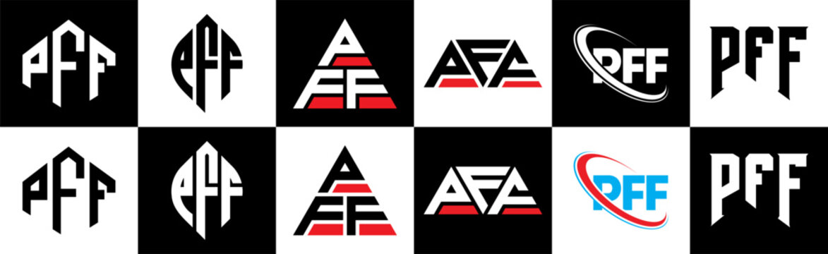 PFF letter logo design in six style. PFF polygon, circle, triangle, hexagon, flat and simple style with black and white color variation letter logo set in one artboard. PFF minimalist and classic logo