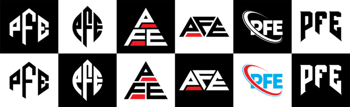 PFE letter logo design in six style. PFE polygon, circle, triangle, hexagon, flat and simple style with black and white color variation letter logo set in one artboard. PFE minimalist and classic logo