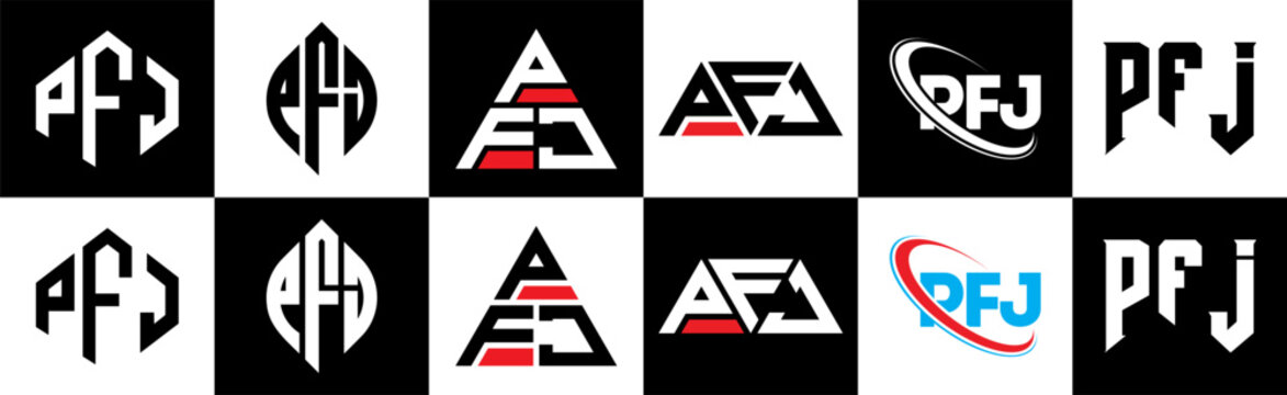 PFJ letter logo design in six style. PFJ polygon, circle, triangle, hexagon, flat and simple style with black and white color variation letter logo set in one artboard. PFJ minimalist and classic logo