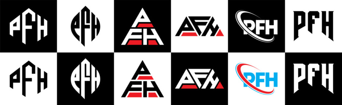 PFH letter logo design in six style. PFH polygon, circle, triangle, hexagon, flat and simple style with black and white color variation letter logo set in one artboard. PFH minimalist and classic logo