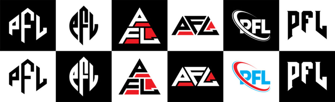 PFL letter logo design in six style. PFL polygon, circle, triangle, hexagon, flat and simple style with black and white color variation letter logo set in one artboard. PFL minimalist and classic logo