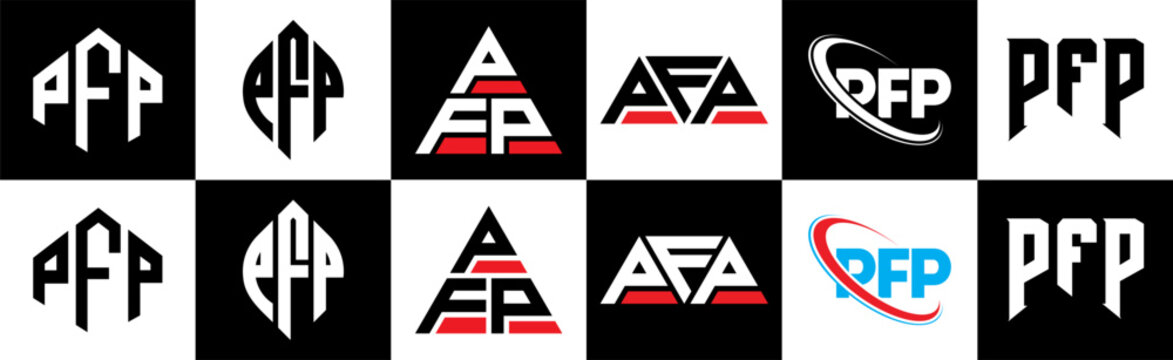 PFP letter logo design in six style. PFP polygon, circle, triangle, hexagon, flat and simple style with black and white color variation letter logo set in one artboard. PFP minimalist and classic logo