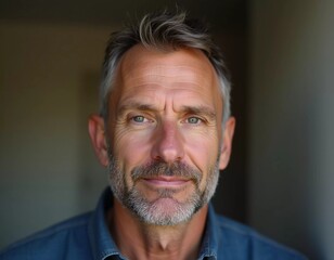 Fototapeta premium A mature man with gray hair, resident of USA, smiles gently. The warm lighting creates a cozy atmosphere. Calm, confident look. Experience, professionalism and intelligence in the eyes. Generative AI