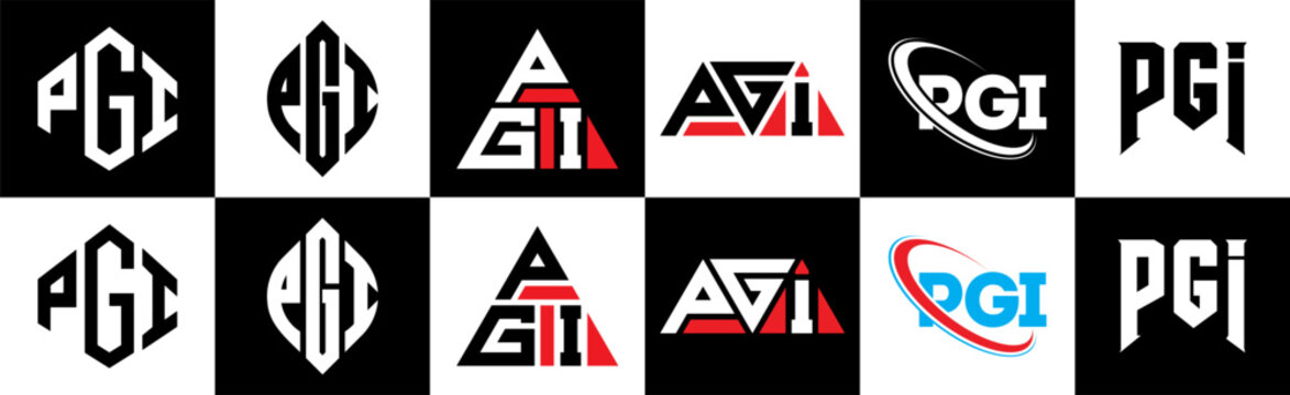 PGI letter logo design in six style. PGI polygon, circle, triangle, hexagon, flat and simple style with black and white color variation letter logo set in one artboard. PGI minimalist and classic logo