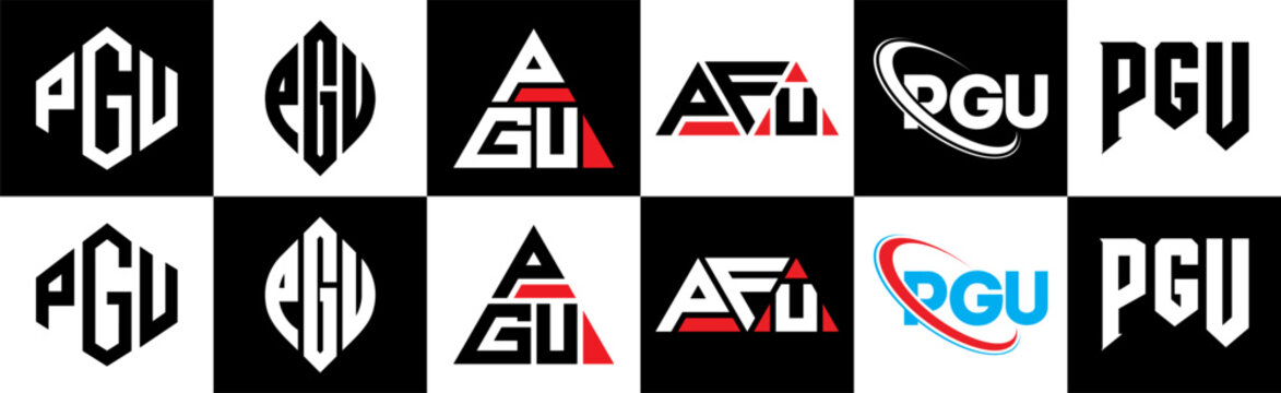 PGU letter logo design in six style. PGU polygon, circle, triangle, hexagon, flat and simple style with black and white color variation letter logo set in one artboard. PGU minimalist and classic logo