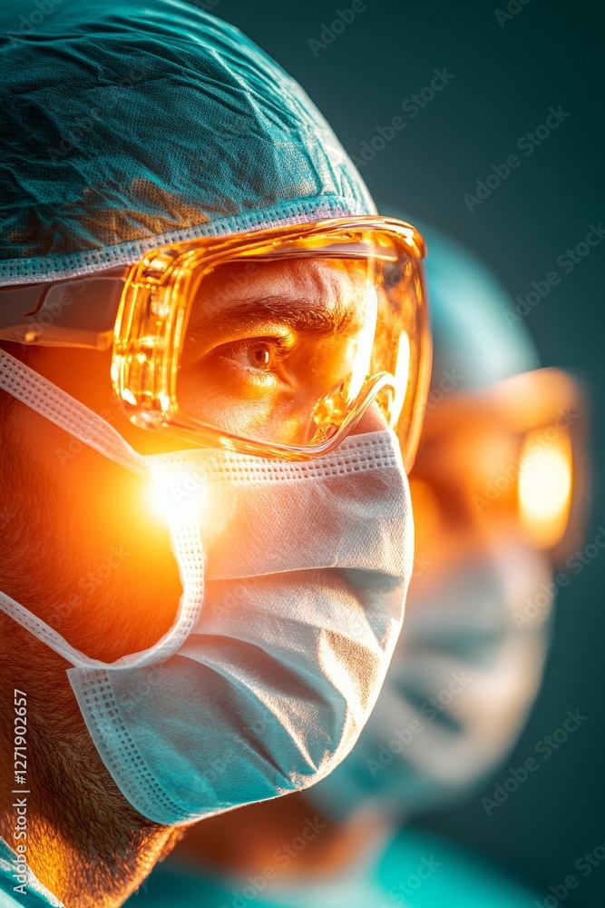 Poster futuristic surgical suite advanced led lighting and transparent safety visors in high-tech operating