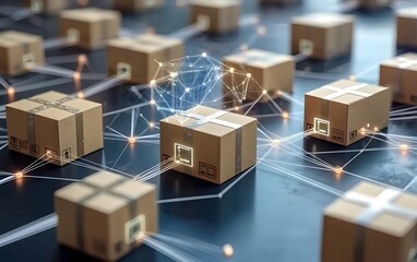 A network of cardboard boxes connected by digital lines, symbolizing modern logistics and supply chain management. Ideal for showcasing e-commerce, inventory, or delivery concepts.