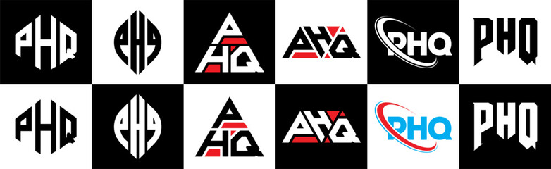 PHQ letter logo design in six style. PHQ polygon, circle, triangle, hexagon, flat and simple style with black and white color variation letter logo set in one artboard. PHQ minimalist and classic logo
