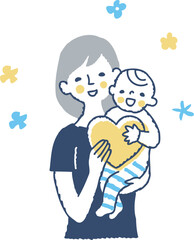 一緒にハートを持ってママと赤ちゃん