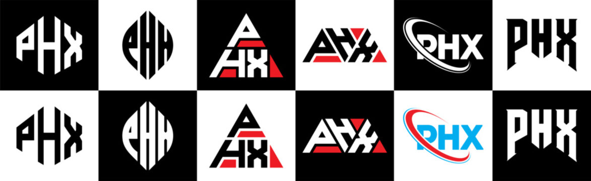 PHX letter logo design in six style. PHX polygon, circle, triangle, hexagon, flat and simple style with black and white color variation letter logo set in one artboard. PHX minimalist and classic logo
