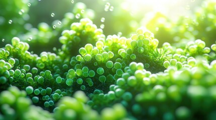 Lush green algae cluster, sunlight, water droplets, microscopic detail