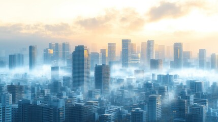 City skyline sunrise fog aerial view