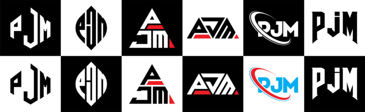 PJM letter logo design in six style. PJM polygon, circle, triangle, hexagon, flat and simple style with black and white color variation letter logo set in one artboard. PJM minimalist and classic logo