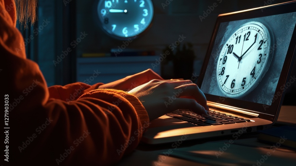 Aufkleber a person is typing on a laptop with a clock on the screen