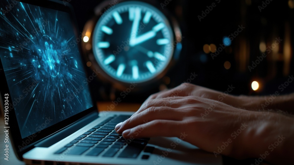Aufkleber A person is typing on a laptop computer with a clock in the background