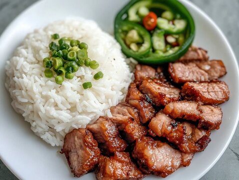 Savoring Grilled Filipino Toc Baaf with White Rice Philippines Food Presentation Culinary Delight Top View Filipino Cuisine