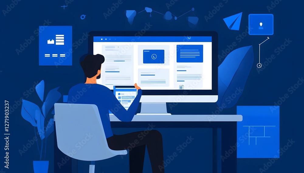 Poster a professional working on a computer in a modern workspace, analyzing data and managing tasks effect