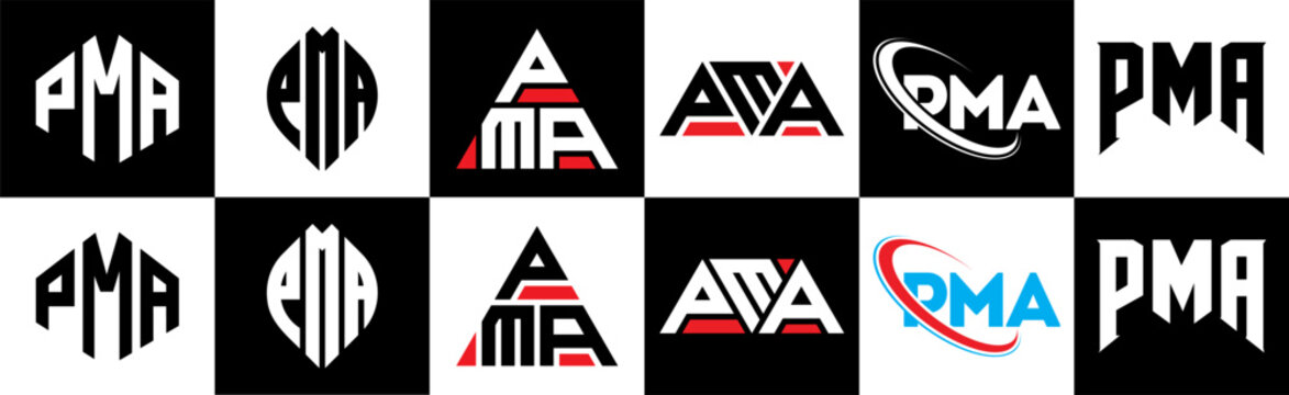PMA letter logo design in six style. PMA polygon, circle, triangle, hexagon, flat and simple style with black and white color variation letter logo set in one artboard. PMA minimalist and classic logo