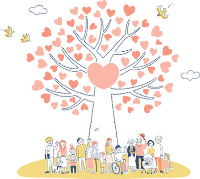 ピンクのハートの木と人々