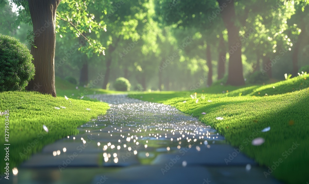 Poster serene pathway in a lush green park with sunlight filtering through trees, creating a tranquil atmos