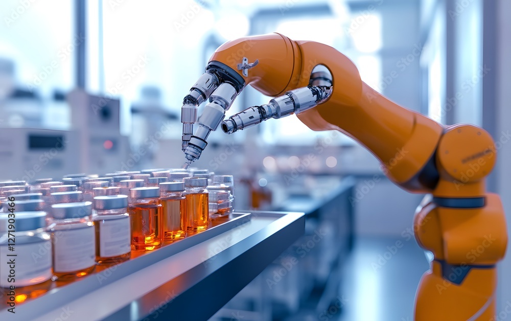 Poster a robotic arm efficiently handling vials in a modern laboratory setting, showcasing automation in he