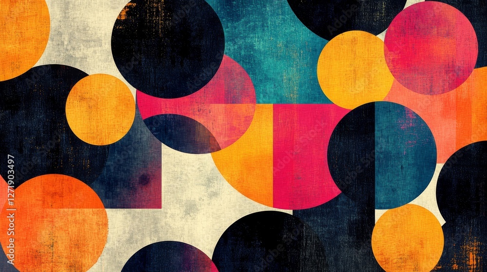 Poster abstract geometric design features overlapping circles and square shapes