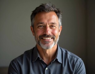 A mature man with gray hair, resident of USA, smiles gently. The warm lighting creates a cozy atmosphere. Calm, confident look. Experience, professionalism and intelligence in the eyes. Generative AI