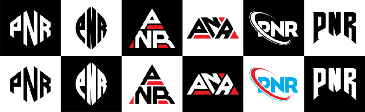 PNR letter logo design in six style. PNR polygon, circle, triangle, hexagon, flat and simple style with black and white color variation letter logo set in one artboard. PNR minimalist and classic logo