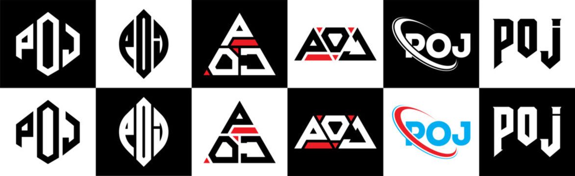 POJ letter logo design in six style. POJ polygon, circle, triangle, hexagon, flat and simple style with black and white color variation letter logo set in one artboard. POJ minimalist and classic logo