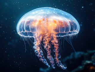 Fototapeta premium A glowing jellyfish drifts gracefully underwater, showcasing vibrant colors and delicate tentacles in an enchanting marine setting.