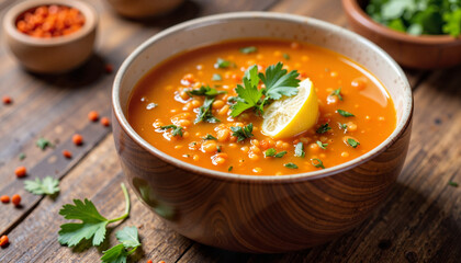 Vibrant red lentil soup garnished with cilantro, hearty winter comfort