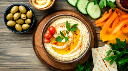 A vibrant platter showcasing creamy hummus, fresh vegetables, olives, and pita bread, perfect for healthy snacking or sharing.