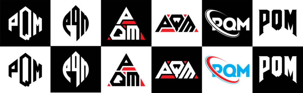 PQM letter logo design in six style. PQM polygon, circle, triangle, hexagon, flat and simple style with black and white color variation letter logo set in one artboard. PQM minimalist and classic logo