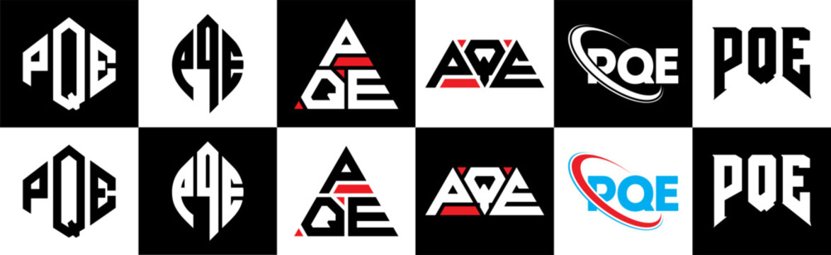 PQE letter logo design in six style. PQE polygon, circle, triangle, hexagon, flat and simple style with black and white color variation letter logo set in one artboard. PQE minimalist and classic logo