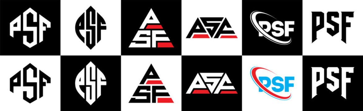PSF letter logo design in six style. PSF polygon, circle, triangle, hexagon, flat and simple style with black and white color variation letter logo set in one artboard. PSF minimalist and classic logo