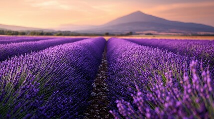 Naklejka premium Lavender fields blooming under sunset provence natural landscape wide-angle view tranquility beauty